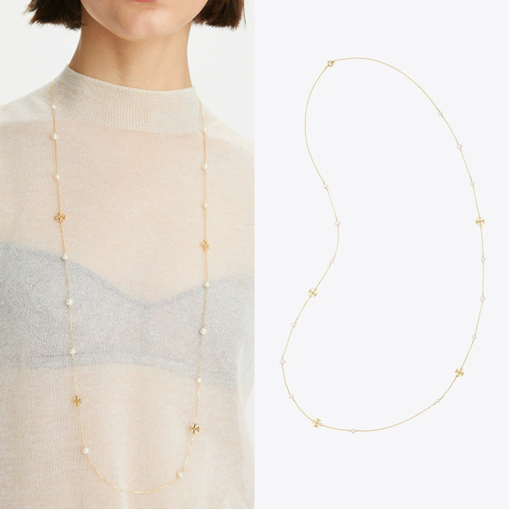 Tory Burch Gold Plated Double Natural Freshwater Pearl Necklace Bracelet